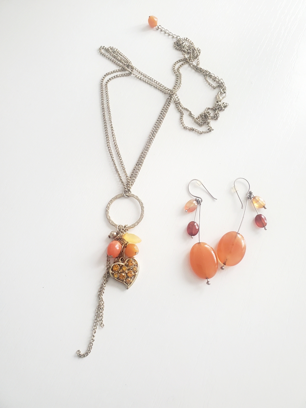 Old Gold -Tone Heart Pendant Necklace with Orange Bead Accents
